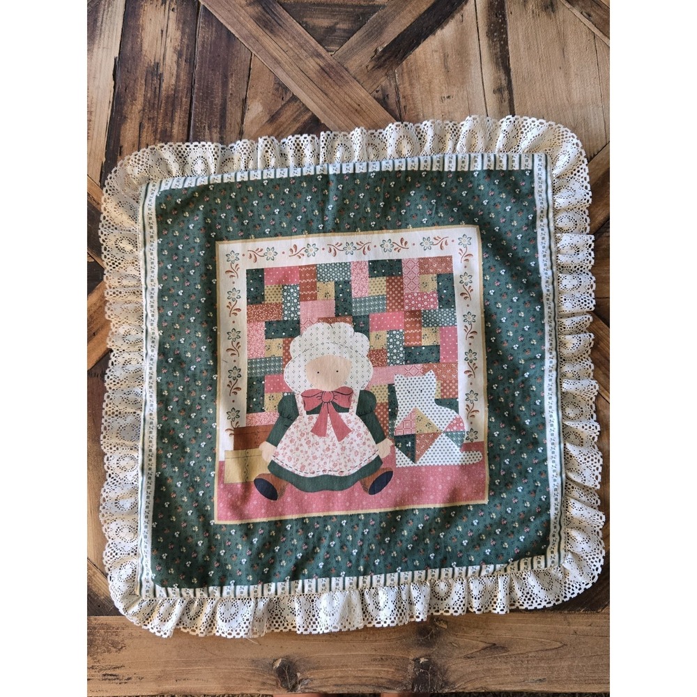 Vintage Handmade Bonnet Girl Pillow Cover Lace Ruffle Cottagecore Folk‎ Art
